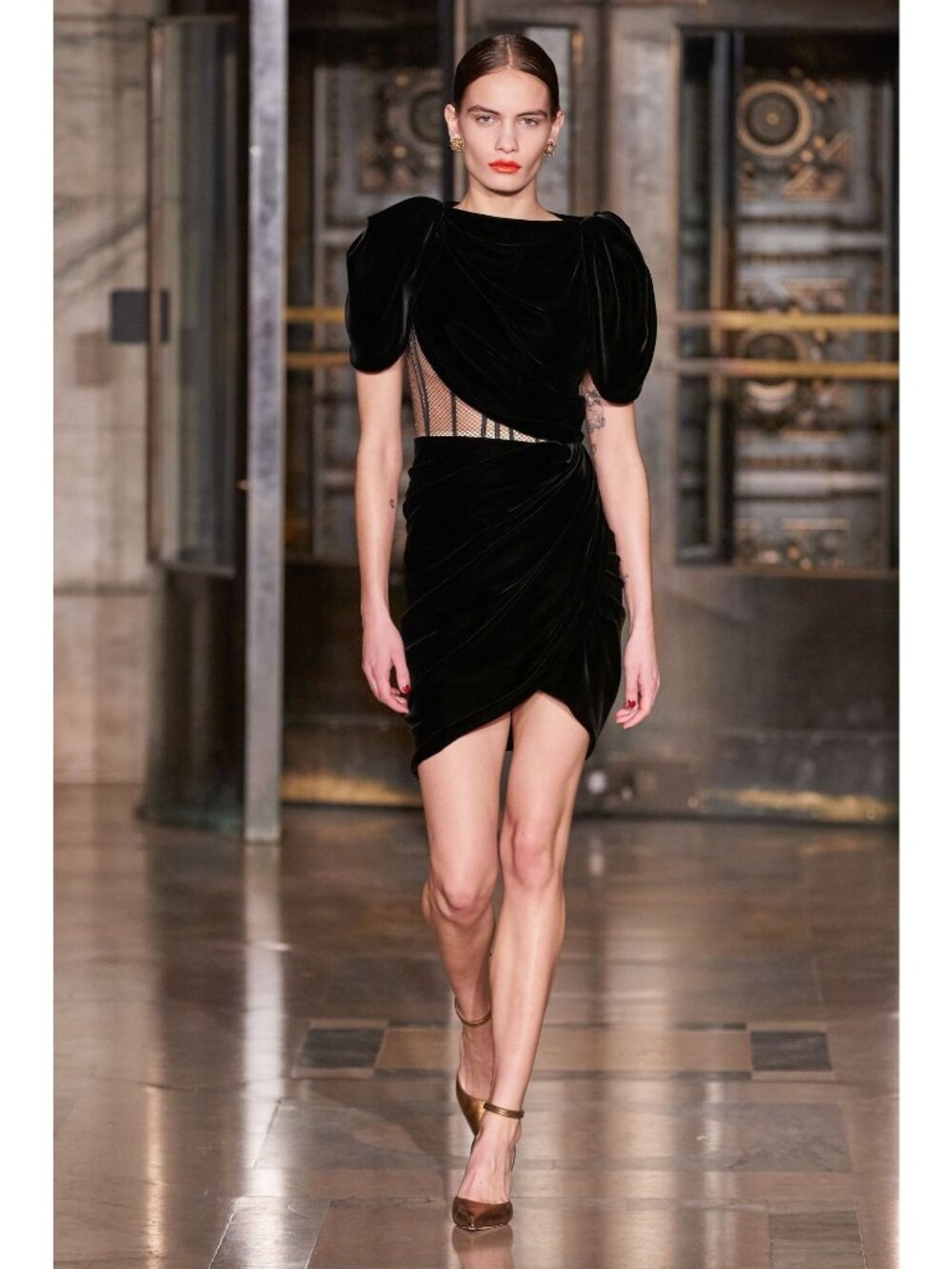 NWT $6k Oscar De La Renta Puff Sleeve Mesh Draped Velvet Dress Black Size 4